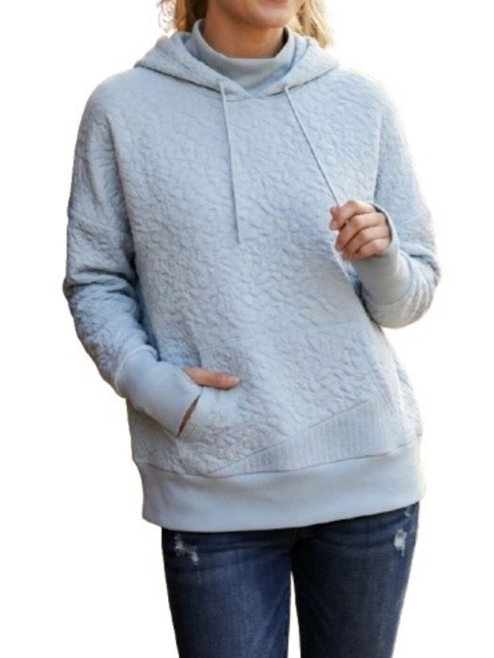 Tahari Sport Plus Light Blue Hoodie Textured Print Mockneck